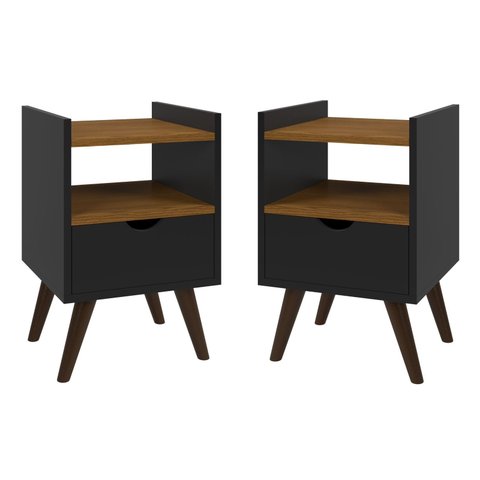 Mesa de Cabeceira para Quarto Elegance Kit com 2 Unidades:preto/freijó