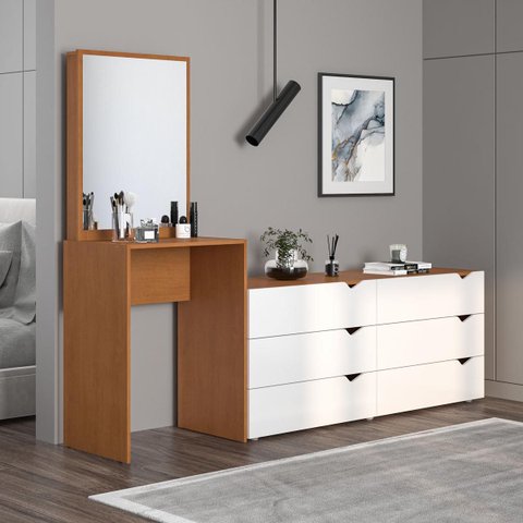 Cômoda Penteadeira Porto 6 Gavetas com Espelho 209x160cm Branco/Freijó 240890