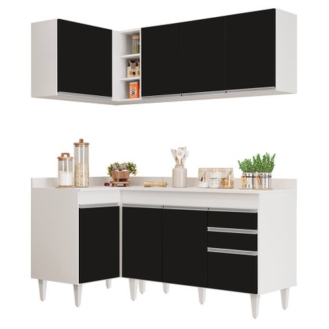 Armário de Cozinha Modulado de Canto Direito 4 Peças Cp38 Balcão com Tampo Branco/preto - Lumil Lumi