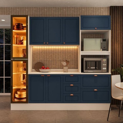 Cozinha Pérola com Rodapé Cristaleira com LED e Tampo 4 Peças 230 cm Yescasa Azul