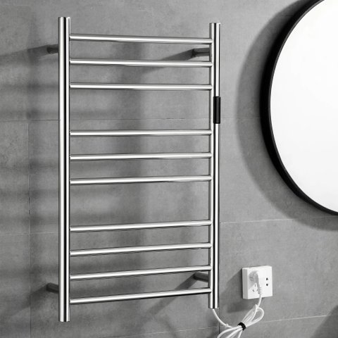 Toalheiro Térmico Redondo Inox Polido Direito e Kit de Banheiro em Bambu Branco