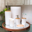 Ver imagem 2 de Toalheiro Térmico Redondo Inox Polido Direito e Kit de Banheiro em Bambu Branco