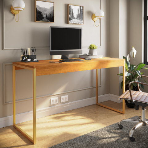Mesa de Estudo Industrial Amplo Espaço Home Office Pé de Ferro 1,20cm - Freijó/dourado