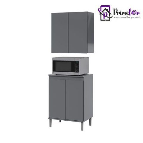 Conjunto Armário Aéreo e Balcão Microondas Para Cozinha 02 Portas EJ:Cinza