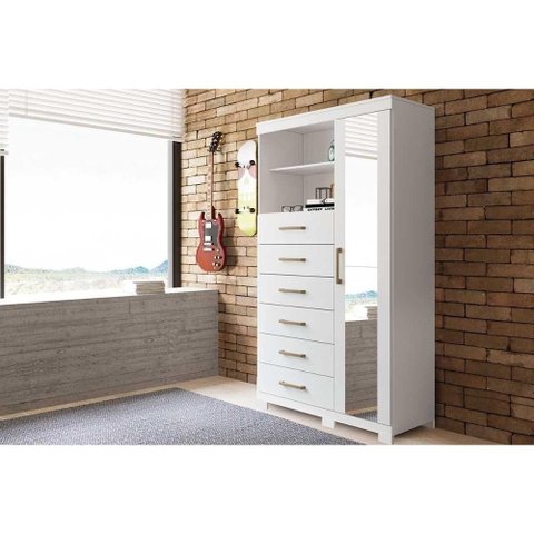 Cômoda Casal Marabá 1.6 1 Porta + 2 Nichos e 6 Gavetas C/ Espelho e Pés Branco - Santos Andirá