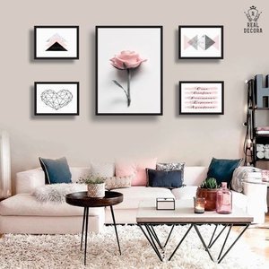 Conjunto Kit 5 Quadros Decorativos Feminino Floral Geometrico Quarto Sala