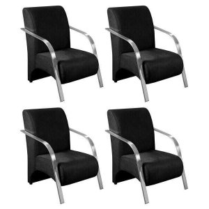 Kit 4 Poltronas Decorativas 1 Lugar Sevilha Braço Pé Alumínio Confortável Sala TV Suede Preto
