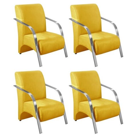 Kit 4 Poltronas Decorativas 1 Lugar Sevilha Braço Pé Alumínio Confortável Sala TV Suede Amarelo