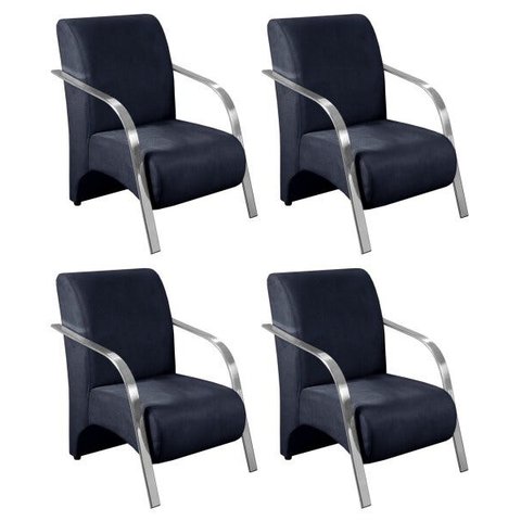 Kit 4 Poltronas Decorativas 1 Lugar Sevilha Braço Pé Alumínio Confortável Sala TV Suede Azul Marinho