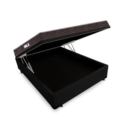 Cama Box Baú Queen Colchão Espuma D45 Bordado + Box Suede Preto Serra Negra 67x158x198