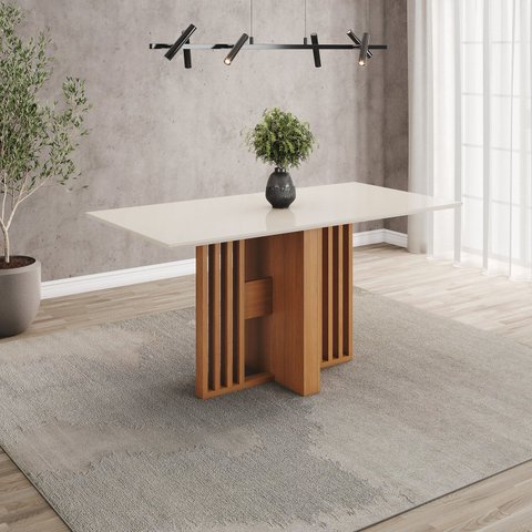Mesa de Jantar 6 Lugares 160cm Tampo MDF e Vidro Canto Reto Larah