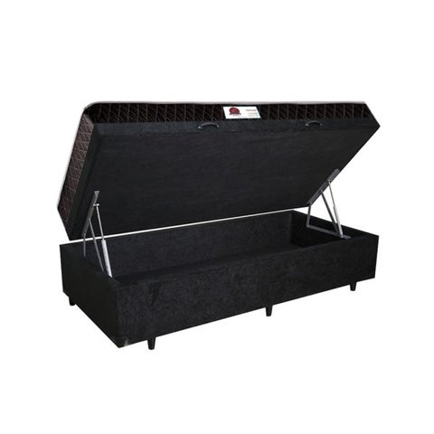 Cama Box Baú Solteiro Colchão Espuma D45 Bordado + Box Suede Preto Serra Negra 67x88x188