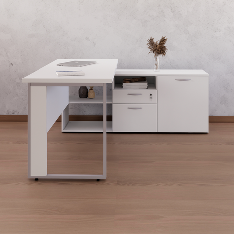 Escrivaninha Mesa Escritório Diretor Extensível em L com Armário Lateral Pé Espresso Móveis Cinza