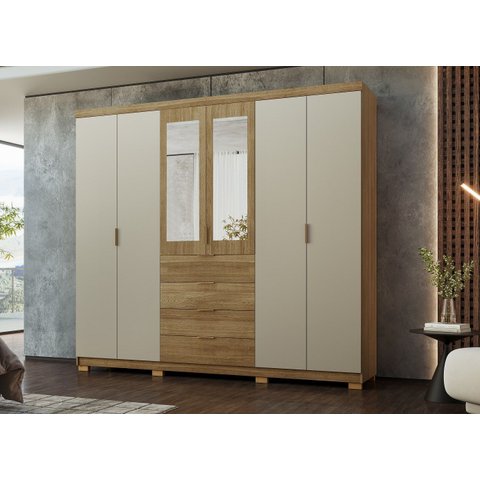 Guarda-Roupa Dubai Ouro 235cm MDF c/ Vidro Reflecta - Nature/Fendi  Vila Rica