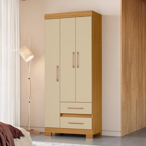 Guarda-Roupa Solteiro com 3 Portas e 2 Gavetas 75,7cm Multimóveis CR35678 Madeirado/Off White