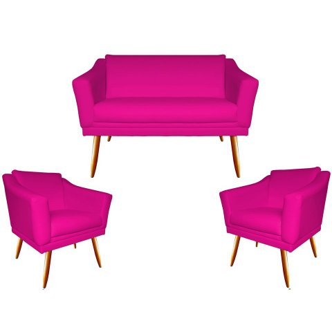 Kit Namoradeira + 2 Poltronas Decorativa Agatha Couro Rosa Pink Pés Madeira Mz Decor