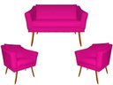 Ver imagem 1 de Kit Namoradeira + 2 Poltronas Decorativa Agatha Couro Rosa Pink Pés Madeira Mz Decor