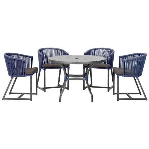 Mesa com 4 Cadeiras de Jantar Roma 100cm e Noronha em Aluminío Preto Corda Nautica Estofado 11 Trama