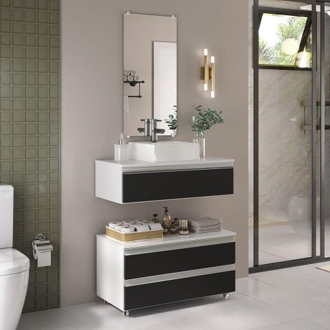 Conjunto de Gabinete Banheiro Creta 80cm (gabinete+cuba+espelheira) Branco Preto