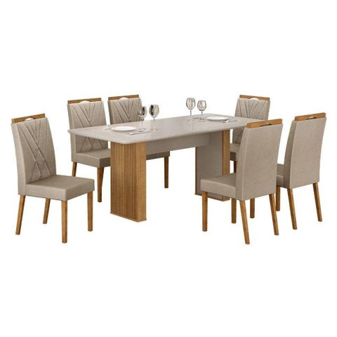 Mesa de Jantar Ambiente Júlia 180x90cm Cinamomo Off White com 6 Cadeiras Lara Veludo Bege - Valdem