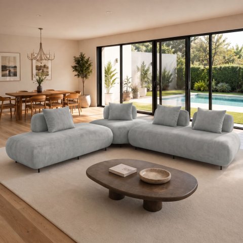 Sofá de Canto Modulado Orgânico com Almofadas e Base Madeira Maciça 280CMX340CM Madri