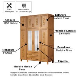 Guarda-roupa Casal 8 Portas e 2 Gavetas com Espelho em Madeira Dallas Carvalho - Straub Web - 3