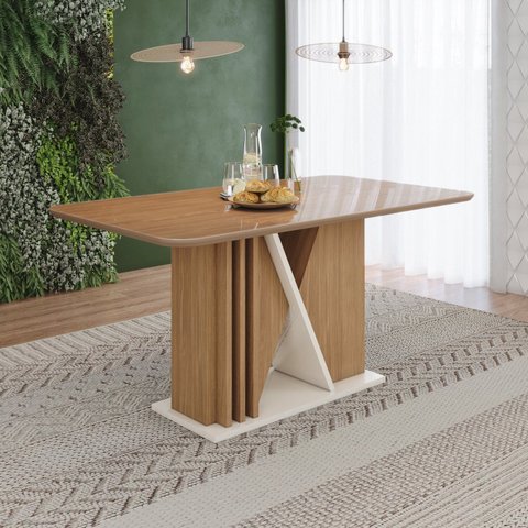 Mesa Valine 160cm Canto Arredondado com Vidro Incolor Marrom/Nature/Off Whit