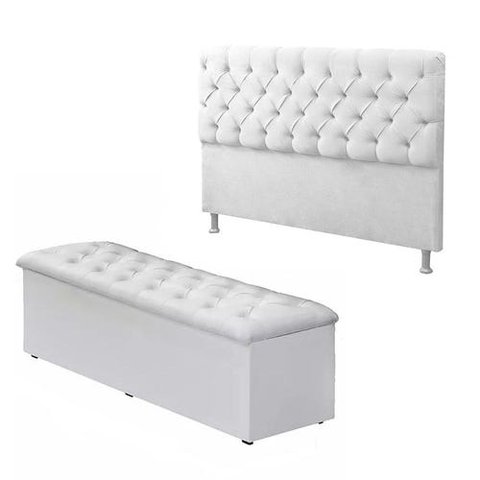 Cabeceira Mais Calçadeira Baú Solteiro 90cm Para Cama Box Sofia Corino Branco