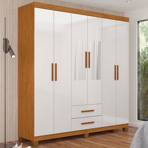 Guarda-roupa Solteiro Aurora 6 Portas 2 Gavetas com Espelho 22117 Cinamomo/branco - Carioca Móveis