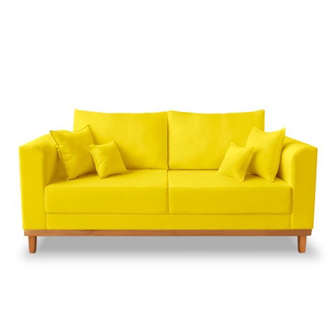 Sofá Moderno Viena 3 Lugares Com Base de Madeira Suede Amarelo - Madeira Prima Deccor