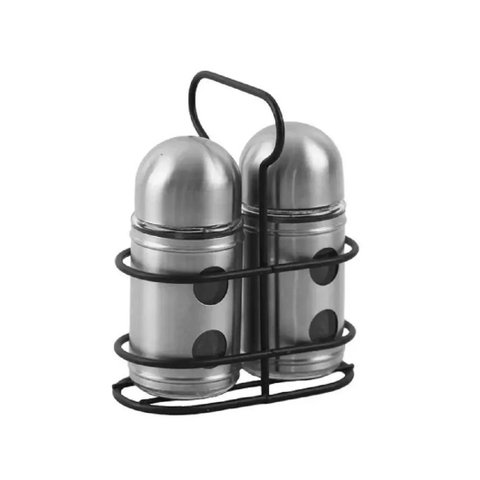 Saleiro e Pimenteiro de Vidro e Aço Escovado com Suporte de Metal 80ml - Preto