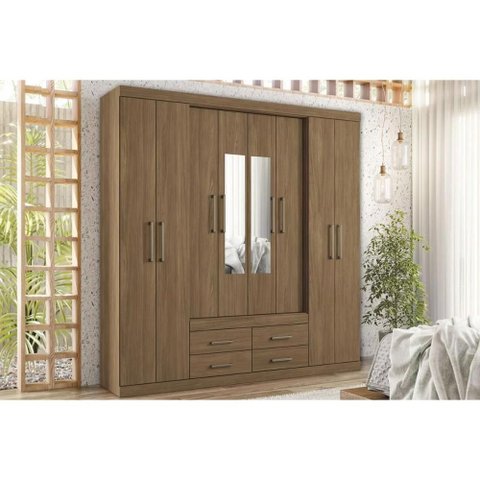 Guarda Roupa 8 Portas (2 C/ Espelho) e 4 Gavetas Nápoles Jatobá - Santos Andirá