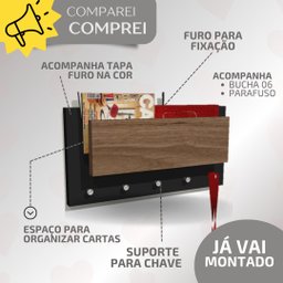 Porta Chaves de Parede com Suporte para Cartas Preto - 3