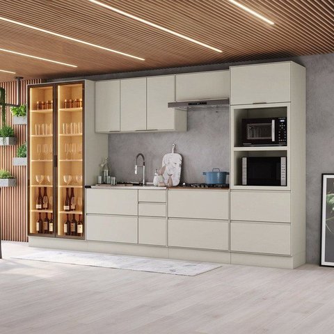 Cozinha Completa 7 Peças 100% MDF com Cristaleiras 2 Portas e Torre Quente 2 Fornos Fineze