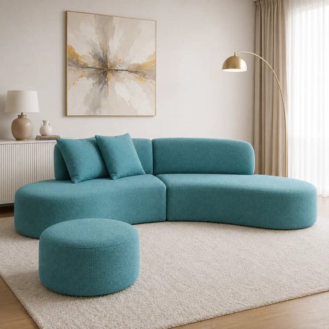 Sofá e Puff Orgânico Virginia 300cm Sala Suede:Azul-Turquesa