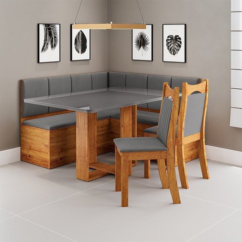 Conjunto Canto Alemão Baú com Mesa e 2 Cadeiras Ohio Mel e Cinza