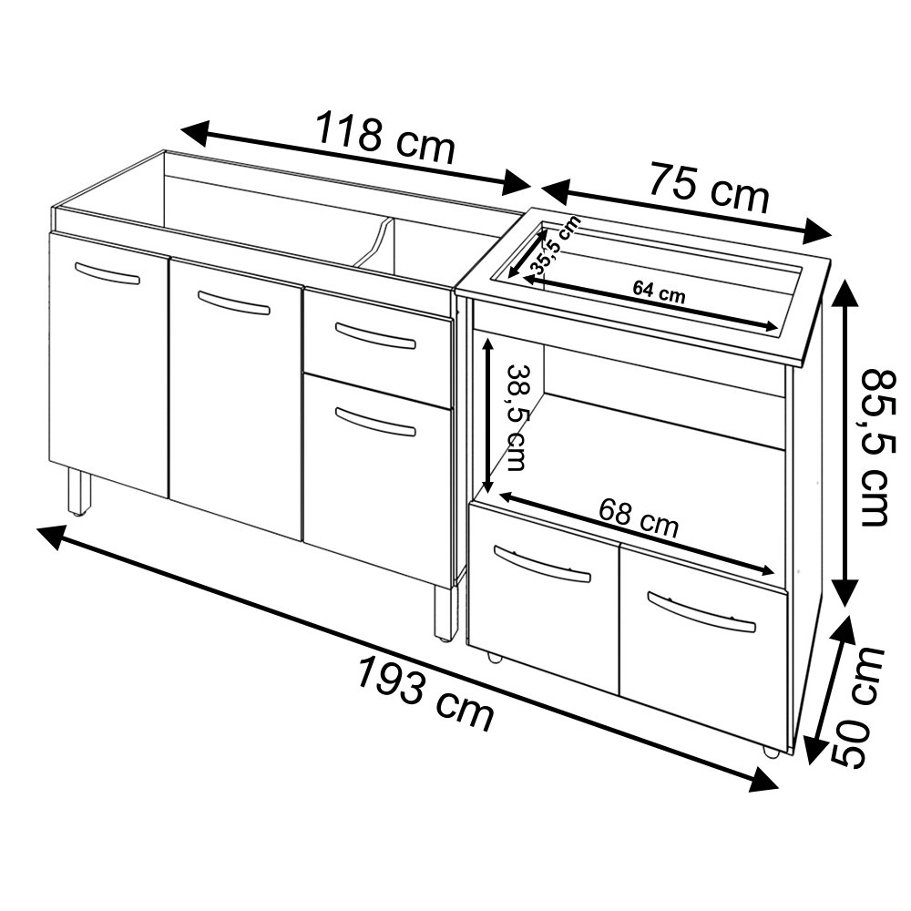 Cozinha Armário Balcão Gabinete de Pia Aline 120 Cm e Balcão Evelyn para Fogão Cooktop 5 Bocas e For - 6