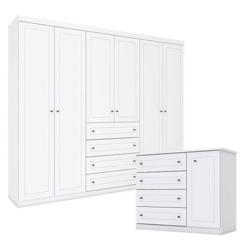 Cômoda e Guarda Roupa Casal 6 Portas Americano Branco Hp - Henn