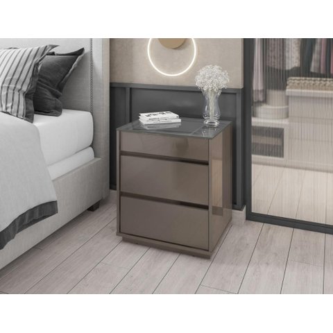 Mesa de Cabeceira 3 Gavetas Porta Itens Serena Cinza Perola
