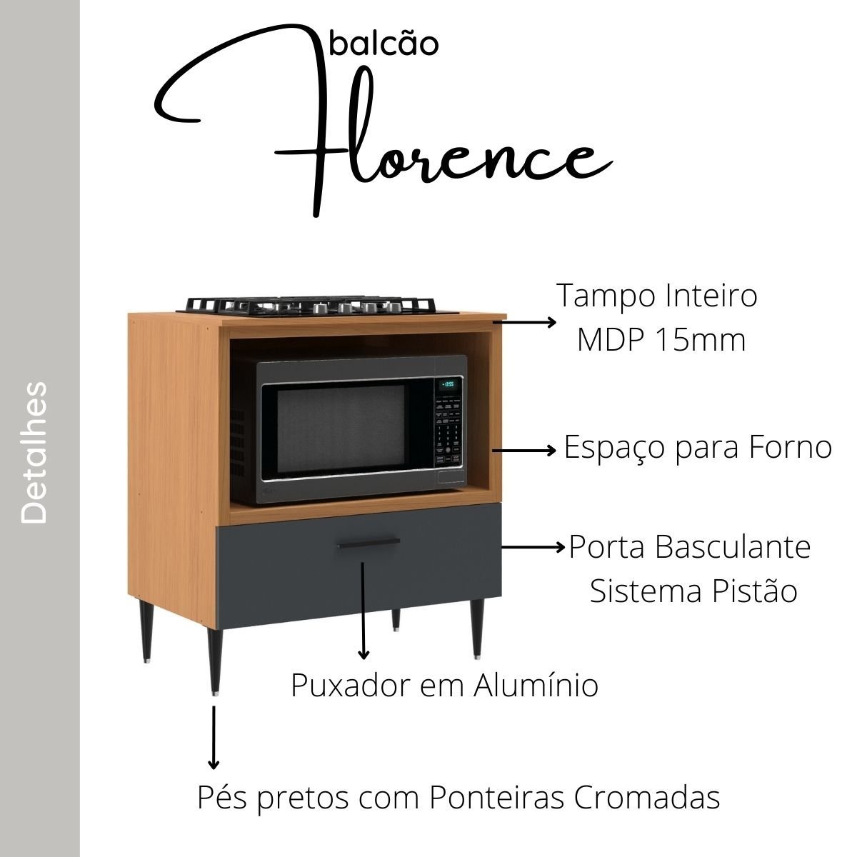 Balcão para Cooktop com espaço para Forno/Microondas Florence - 3