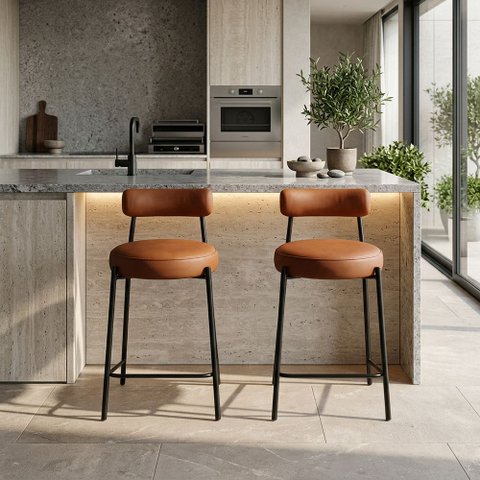 Banqueta Cozinha Média com Encosto Industrial Preto Kit 2 Londres PU D03 - D'Rossi