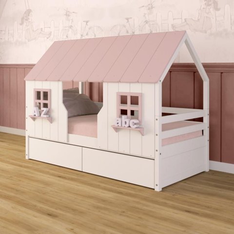 Cama Casinha Encantada com 02 Gavetas Madeira Maciça Branco/ Rosa Megamobilia
