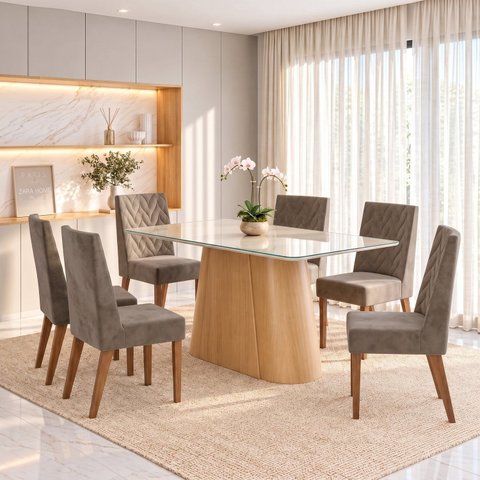 Conjunto Sala de Jantar Mesa Olivia 160cm Tampo MDF e Vidro Canto Arredondado 6 Cadeiras Maitê