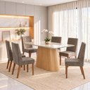 Ver imagem 1 de Conjunto Sala de Jantar Mesa Olivia 160cm Tampo MDF e Vidro Canto Arredondado 6 Cadeiras Maitê
