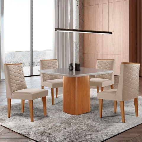 Mesa de Jantar Eloise 90cm Tampo Mdf 4 Cadeiras Moderna Veludo Creme /nat/off/serig. Off