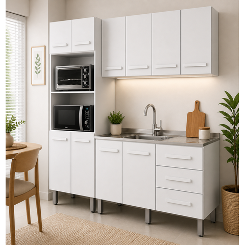 Jogo de Cozinha Modulada 180m 3 Peças com Balcão de Pia 120m sem Tampo/cuba - Branco Móblis