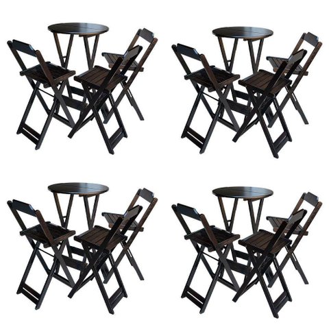 Kit 4 Conjuntos De Mesa Bistrô Dobravel Em Madeira Maciça Com 3 Banquetas Altas - Tabaco - Marrom