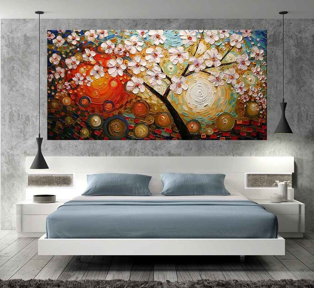 Quadro Pintura Tela Arvores e Flores Modernas Em Altos Relevos