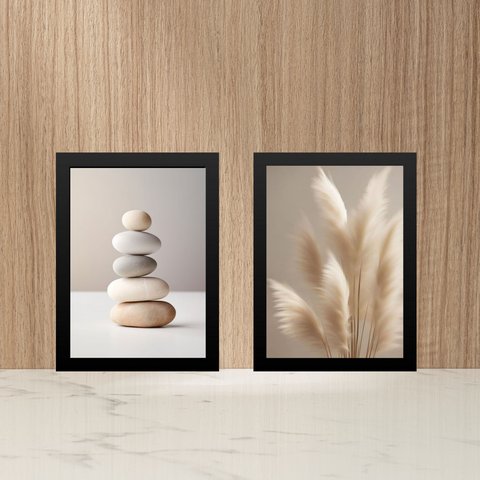 Kit 2 Quadros Fotografias Minimalistas Bege 24x18cm:moldura Branca