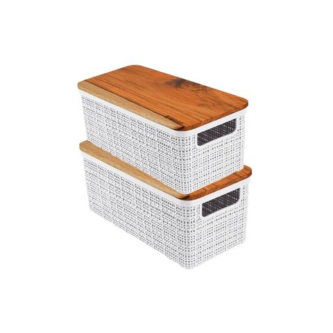 Kit 2 Cesto Organizador Juta de Plástico Resistente com Tampa de Madeira Capacidade 1,5 Litros Branc